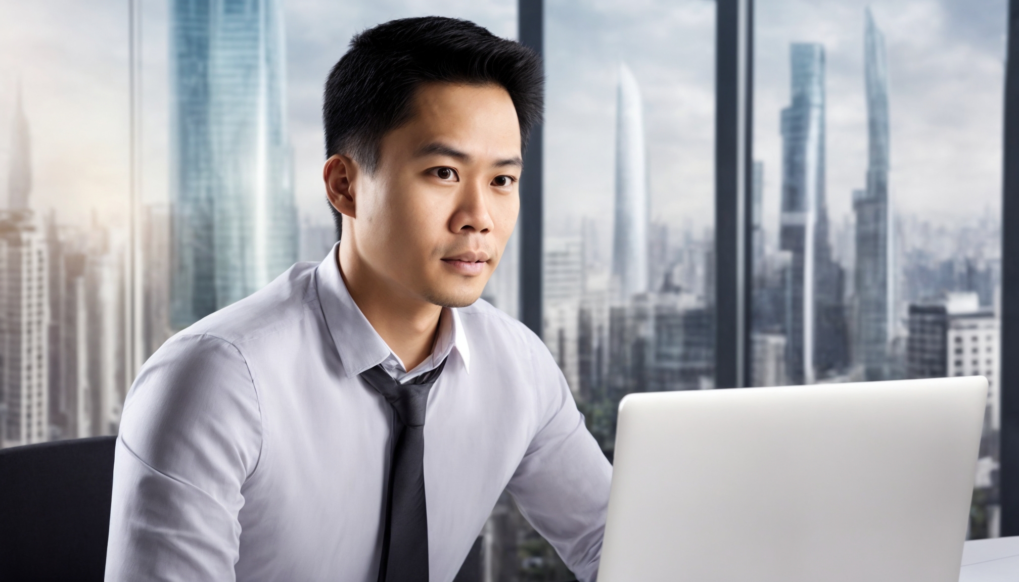 Investor muda menganalisis data investasi properti dan saham smart cities di laptop