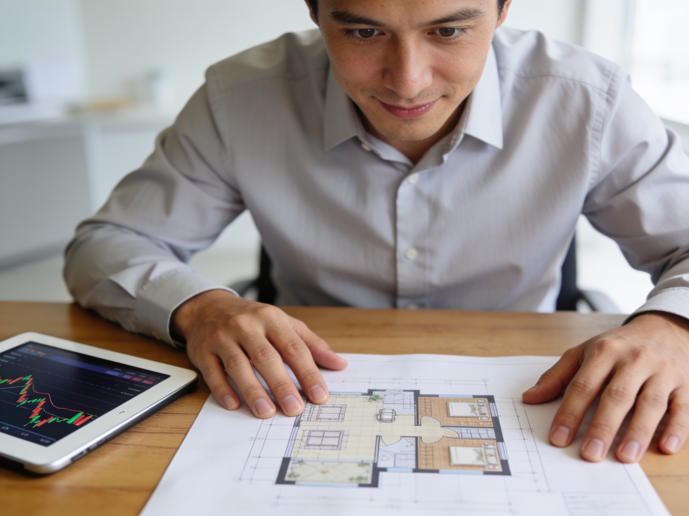 Investor profesional menganalisis blueprint properti dan grafik saham.
