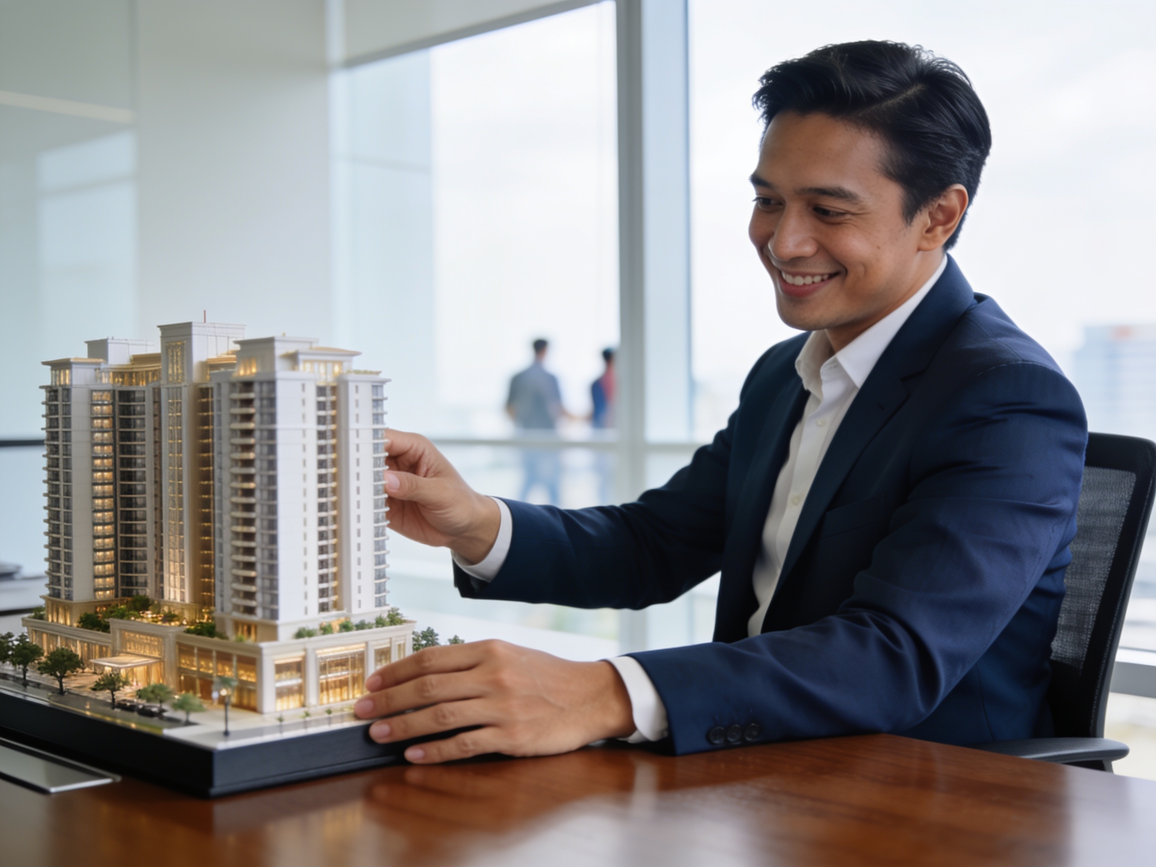 Analis investasi memeriksa maket apartemen untuk analisa pasar saham dan properti di Jakarta.