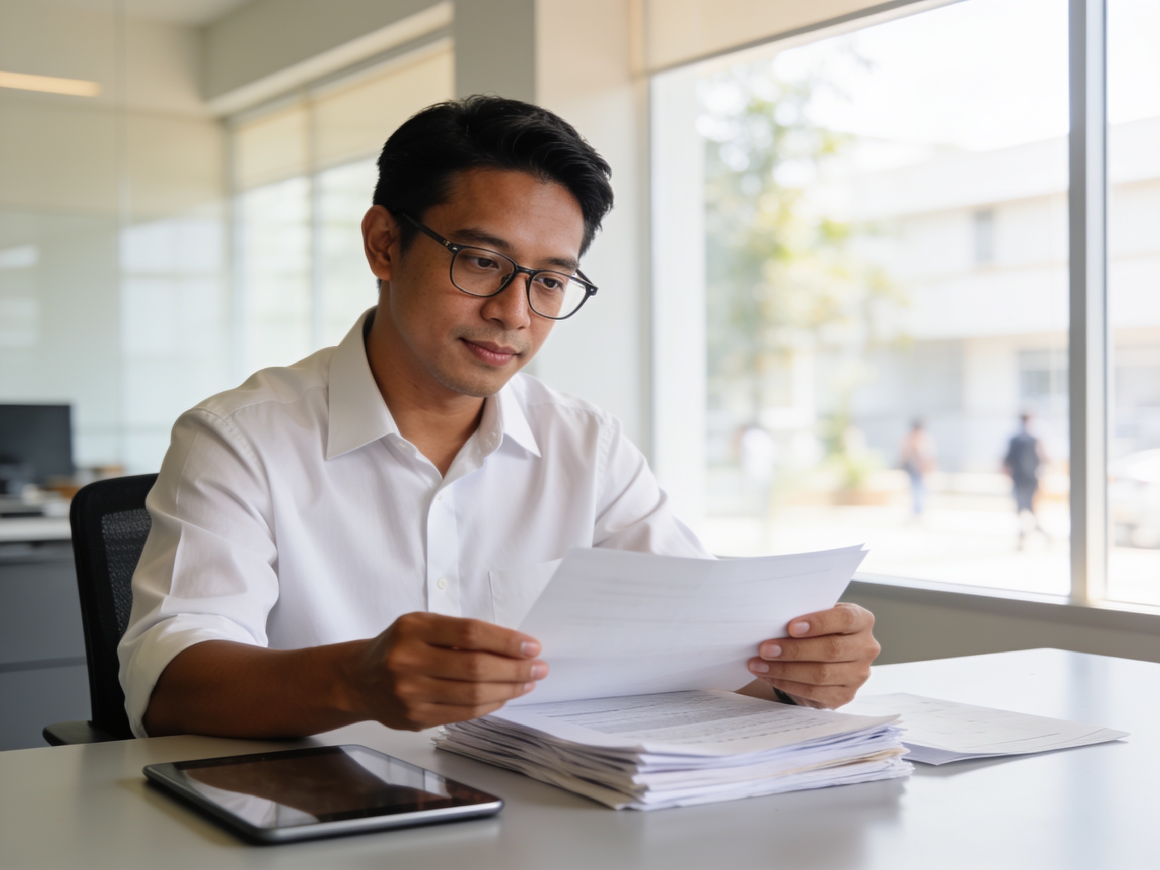 Investor profesional melakukan analisis pasar investasi terkini dengan memeriksa dokumen laporan keuangan dan data tren pasar