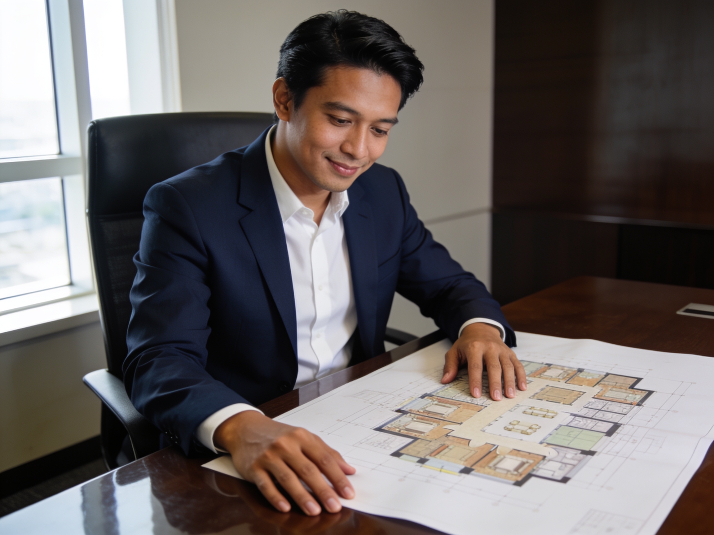 Analis keuangan mempelajari denah properti untuk strategi manajemen portofolio properti saham.