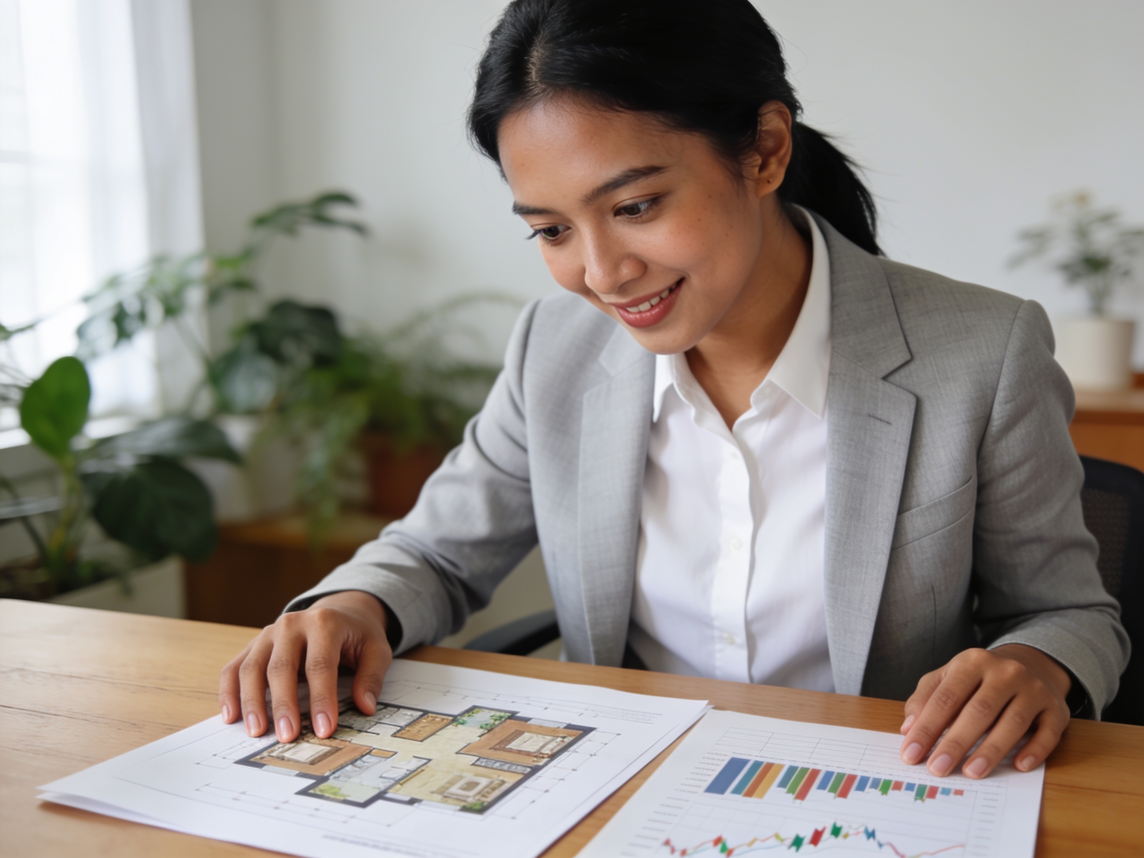Investor memeriksa dokumen denah properti dan portofolio saham untuk strategi diversifikasi saham properti